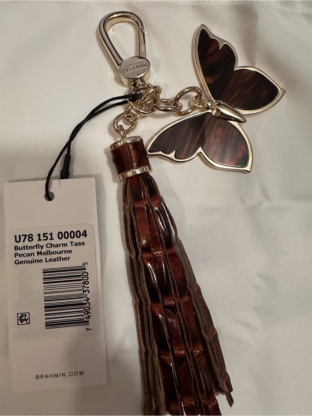 Brahmin Pecan Leather Tassel & Gold Butterfly Charm Keychain